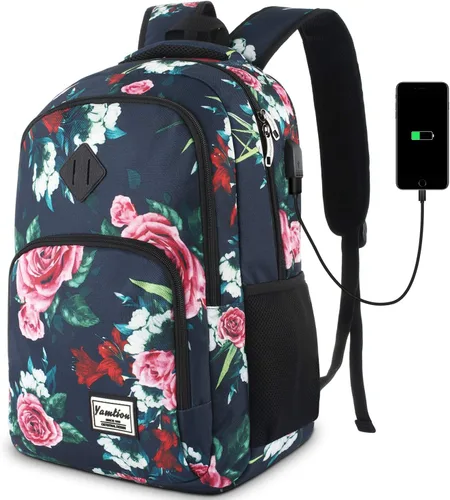 Vista 12 de YAMTION Mochila escolar con puerto de carga USB para laptop, universidad, viajes, trabajo, oficina, adolescentes, beige, 15.6 pulgadas