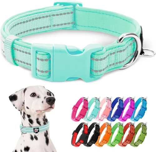 Vista 33 de azuza Collar reflectante para perro, collar acolchado de neopreno suave para mascotas con anillo de etiqueta de identificación, ajustable