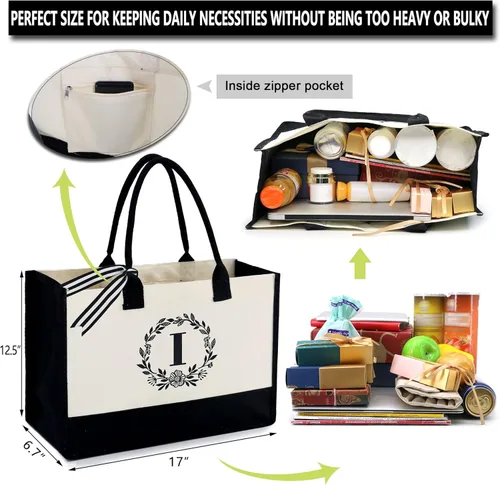 Vista 6 de BeeGreen Cesta de regalo, bolsa de lona con inicial, monograma con bolsillo bordado personalizado para mamá, profesor, amiga