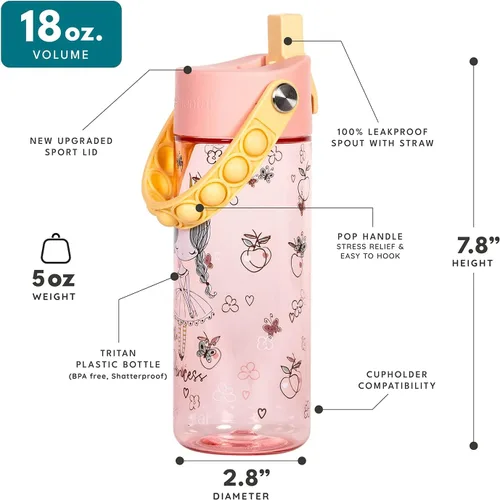 Vista 168 de Elemental Botellas de agua para niños – Botella de agua para niños Splash para la escuela con mango Pop-it – Botella de agua de plástico Tritan sin