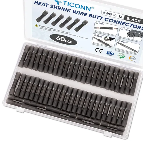 TICONN Kit de conectores a tope termorretráctiles de 60 piezas, empalme a tope AWG 14 – 12, terminales de crimpado de cables eléctricos marinos