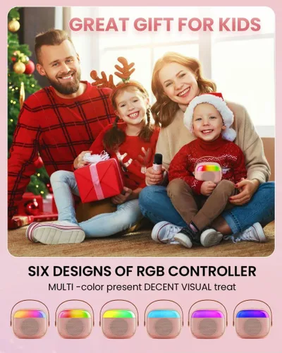 Vista 5 de Mini máquina de karaoke para niños, juguete para niñas, altavoz Bluetooth portátil con 2 micrófonos inalámbricos, regalos de juguete de moda