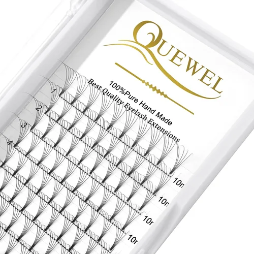 Vista 50 de QUEWEL Extensiones de pestañas listas para colocar, Extensiones de pestañas en abanico prefabricadas 3D de 0.07mm de grosor, rizado C, 10mm