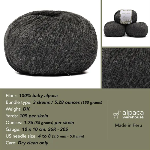 Vista 3 de Juego de 3 madejas de hilo de lana 100% de alpaca bebé (150 gramos) peso DK - Hecho en Perú - Celestialmente suave y perfecto para tejer y hacer Gris