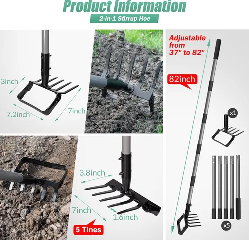 Vista 2 de Suchtale Azada de estribo de 82 pulgadas y rastrillo de 5 púas, azada de acción para deshierbe, azada 2 en 1 con mango ajustable de 37-82 pulgadas