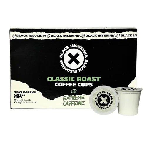 Black Insomnia Coffee Tazas individuales de cafeína extrema (para uso en cafeteras Keurig) El café más fuerte del mundo, tostado clásico, 12 unidades