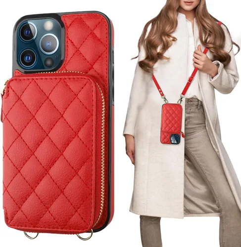 Vista 10 de Bocasal Funda tipo cartera cruzada para iPhone 13 Pro Max, bloqueo RFID de cuero PU con cremallera, bolso cartera con tapa plegable, funda tipo