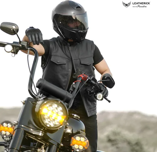 Vista 7 de Leatherick Mens Black Motorcycle Vests - Top Grain Cow Leather SOA Club & Traditional Paisley Satin Liner Leather Biker Vests