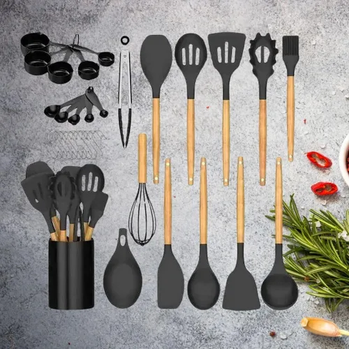 Vista 2 de Utensilios de cocina 33 piezas antiadherente de silicona (sin BPA) Set (negro)