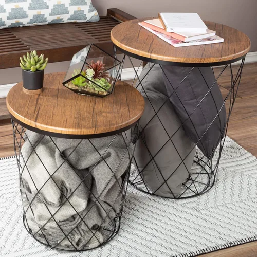 Lavish Home - Juego de 2 mesas auxiliares con tapas de madera extraíbles y bases de metal para almacenamiento de mantas, muebles laterales redondos