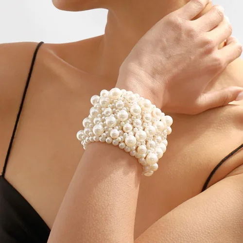 Vista 3 de Pulsera elástica de perlas vintage pulseras de perlas joyería pulsera de cuentas blancas para boda, cumpleaños, festival, fiesta