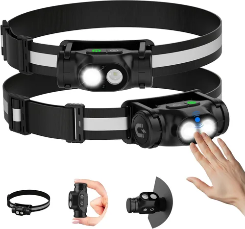 Linterna frontal recargable para correr, lámpara de cabeza brillante de alto lúmenes LED con sensor de movimiento, 4 modos, imán, linterna