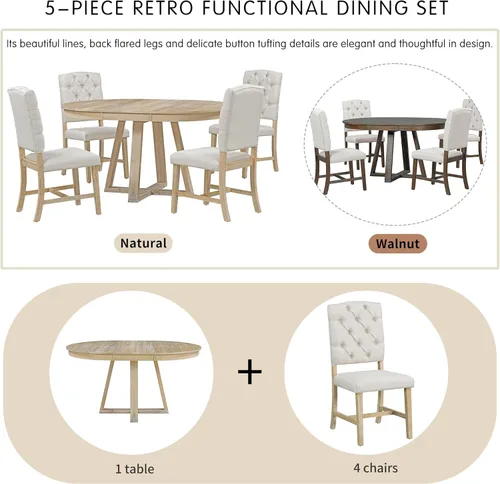 Vista 6 de Merax Juego de mesa de comedor redonda de 5 piezas, mesa de cocina extensible de madera y 4 sillas tapizadas, juego de mesa de comedor funcional