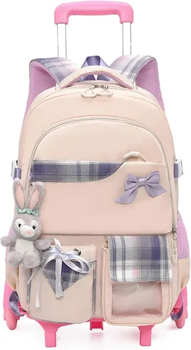 GLOOMALL Linda mochila con ruedas para niñas y niños, ligera, con 6 ruedas, equipaje clásico con ruedas, Arco beige, dibujos animados