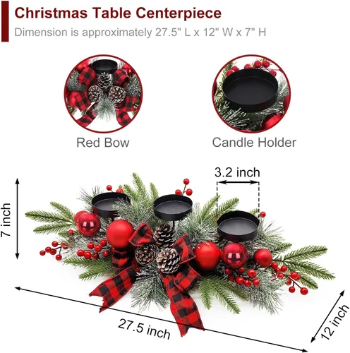 Vista 3 de Arreglo de mesa navideño de 27.5 pulgadas con portavelas, bayas rojas y piñas