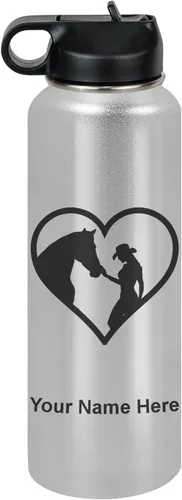 Vista 14 de LaserGram Botella de agua personalizada, corazón de vaquera de caballo, acero inoxidable de doble pared aislada al vacío con popote superior, regalo