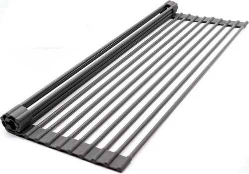 Bigdata&BetterLife Escurridor de platos enrollable, simple y grande, ahorro de espacio, para cocina, plegable, recubierto de silicona, de acero Negro