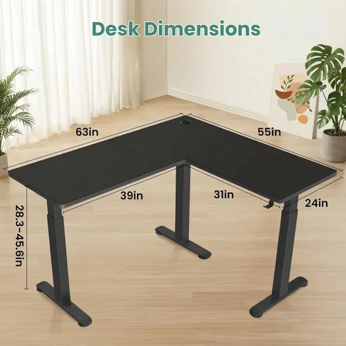 Vista 3 de farexon Escritorio de pie en forma de L, escritorio eléctrico de altura ajustable de 63 x 55 pulgadas, escritorio de pie para sentarse en esquina