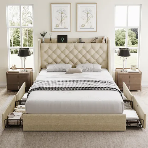 Vista 3 de GalnFu Marco de cama de tamaño completo con 4 cajones de almacenamiento, cabecera tapizada grande tipo wingback, estación de carga rápida, no Beige