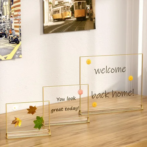 Vista 6 de NIUBEE Paquete de 6 soportes horizontales de acrílico transparente de 7 x 5 con bordes dorados, soportes de mesa de menú de doble cara para números