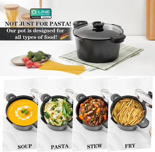 Vista 3 de Olla para pasta de 8.5 cuartos con tapa de colador, olla de aluminio fundido multipropósito, revestimiento de cerámica antiadherente que hace que