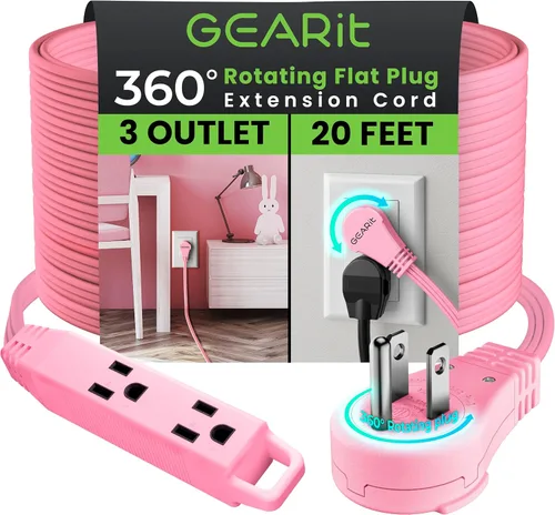 Vista 32 de GEARit Cable de extensión corto con enchufe plano giratorio de 360° y 3 tomas (2 pies, gris) 16AWG/13A Cable de 3 clavijas, Protector de toma