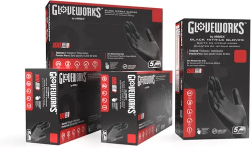 Vista 13 de GLOVEWORKS Guantes negros de nitrilo desechables de 5 mil, sin látex, agarre texturizado para servicio de alimentos, cocina, limpieza profesional