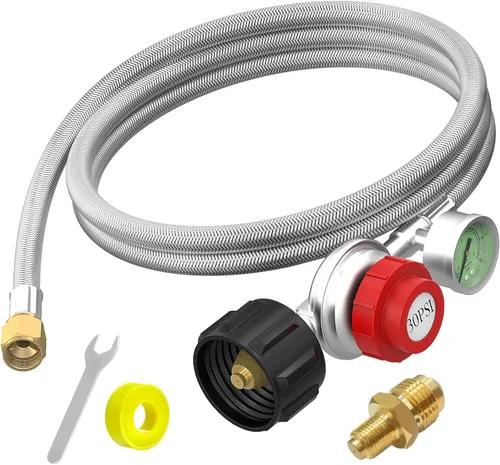 Manguera de propano de 5 pies con regulador para tanque de propano, regulador de alta presión ajustable de 0-30 PSI con manómetro 0~60 PSI indicador