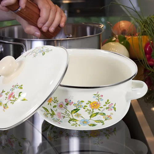 Vista 8 de Luxshiny Juego de 3 macetas de sopa esmaltadas con asas, ollas pequeñas para cocinar fideos, sopas, salsas y alimentos para bebés, parte inferior
