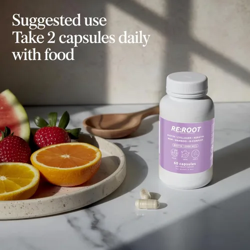 Vista 3 de RE:ROOT Cápsulas de belleza capilar – Biotina 12,000 mcg, colágeno, queratina, MSM, bambú – para cabello, piel y uñas – 60 cápsulas veganas