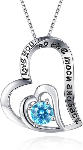 MABELLA Collar con colgante de plata de ley con colgante de corazón de piedra preciosa natural con texto en inglés "I Love You To The Moon and Back"