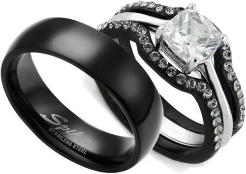 Marimor Jewelry His and Hers 4 Piece Black Stainless Steel Wedding Engagement Ring and Classic Band Set