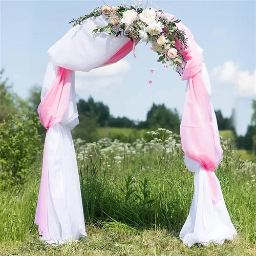 Vista 4 de Firlar Cortinas de arco de boda, cortina de telón de fondo transparente rosa de 18 pies, cortina de tela de gasa transparente, paneles drapeados