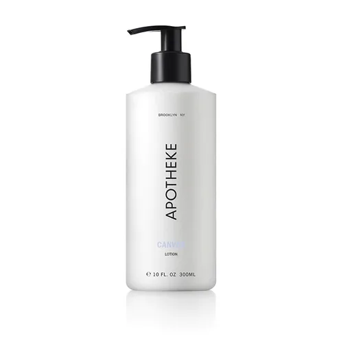 APOTHEKE Loción perfumada para manos y cuerpo, lienzo – 10 onzas líquidas crema hidratante corporal nutritiva para piel seca – Cuidado diario suave
