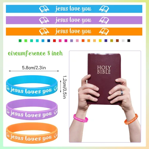 Vista 3 de Jerify 200 piezas Pulseras de silicona "Jesús te ama" cristianas, pulseras de goma con versículo de la Biblia, bandas religiosas coloridas