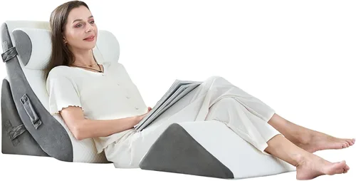 Vista 6 de Juego de 3 almohadas ortopédicas de cuña de espuma viscoelástica 45D para postcirugía para espalda, piernas y rodillas, juego de almohadas Gris claro