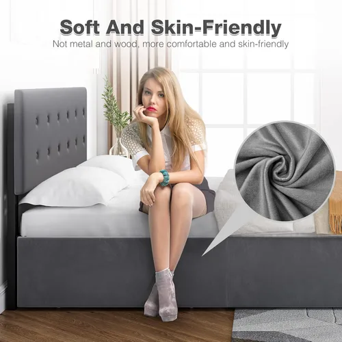 Vista 7 de Base de cama tamaño Queen con 4 cajones de almacenamiento, base de cama tapizada gris con cabecera y listones de madera, no necesita somier (Queen)