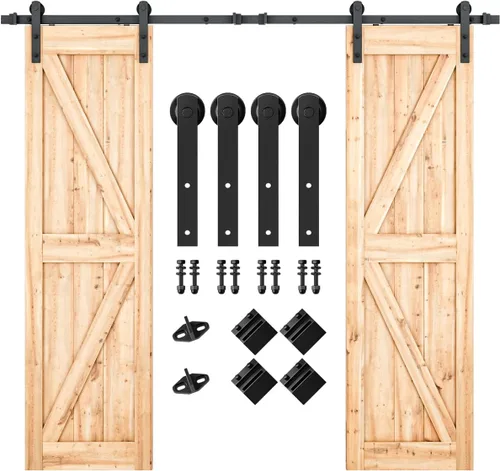 Vista 14 de SMARTSTANDARD Kit de herrajes para puerta corrediza de granero de doble puerta resistente de 5 pies, suave y silencioso, fácil de instalar, incluye