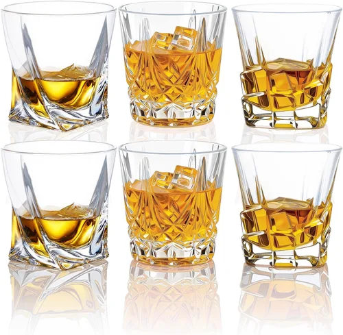 Juego de vasos de whisky de cristal de 6 a 10 onzas con 3 diseños únicos, vasos de base pesada para bourbon, whisky escocés y cócteles, regalo de