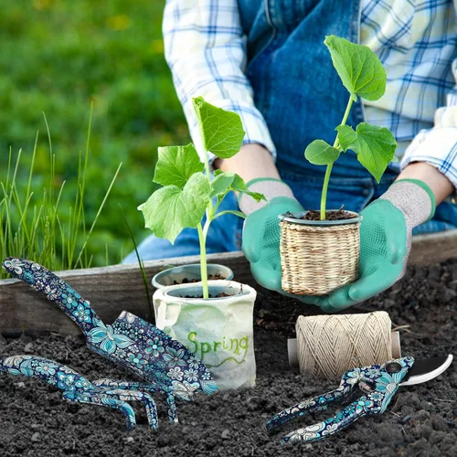 Vista 7 de WORKPRO Juego de herramientas de jardín de aluminio, 4 piezas de herramientas de jardín de mano resistentes con caja que incluye paleta, rastrillo