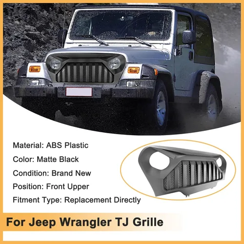 Vista 4 de Parrilla negra mate para Jeep Wrangler TJ Gladiator Vader Grill W Mesh 1997 1998 1999 2000 2001 2002 2003 2004 2005 2006