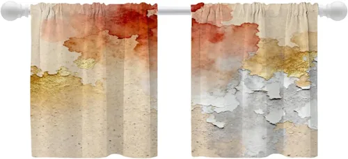 Vista 112 de Shrahala Beige and Orange Abstract Art Brushstrokes Tier Curtains for Kitchen Windows, Abstract Oil Paint Cafe Curtain Multilayer Polyester Blackout