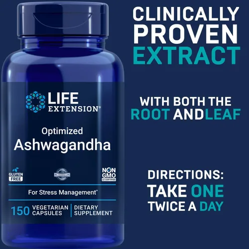 Vista 3 de Life Extension Ashwagandha optimizada, 150 cápsulas vegetarianas sin OMG, sin gluten, cápsulas vegetarianas