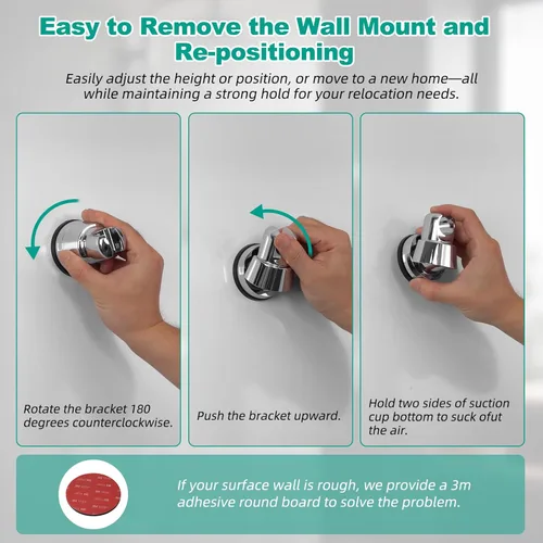 Vista 6 de Hibbent Soporte de cabezal de ducha con ventosa al vacío, soporte de varilla de ducha extraíble, altura ajustable y montaje en pared, soporte