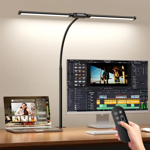 SKYLEO LED Desk Lamp with Clamp - Double Head Desk Light with Remote and Touch - Eye Protection - 12 W, 5 Color Modes, Timer and Memory Function,