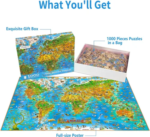 Vista 4 de Rompecabezas de 1000 piezas para adultos, mini rompecabezas de animales del mundo, rompecabezas para adultos, mapa de animales, rompecabezas
