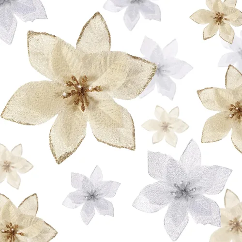Vista 15 de WILLBOND 24 Piezas 3 Tamaños Flor de Nochebuena Artificial Decoración Navideña con Purpurina Adornos Navideños de Nochebuena Flores Artificiales