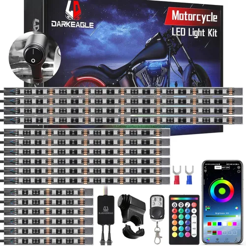 Vista 11 de 8 kits de luces LED RGB segmentadas para motocicleta con control remoto APP/RF, luces subterráneas multicolor con señal de giro de freno, tira