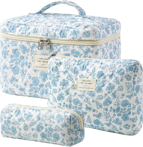 Vista 8 de HBselect Bolsa de maquillaje acolchada, 3 piezas de algodón grande, bolsa de maquillaje de viaje, bonita bolsa de maquillaje floral de coqueta