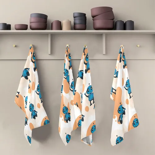 Vista 5 de Cute Blue Cartoon Robots Dishcloths, 28x18 Inch Absorbent Spring Towels Kitchen, Set of 6